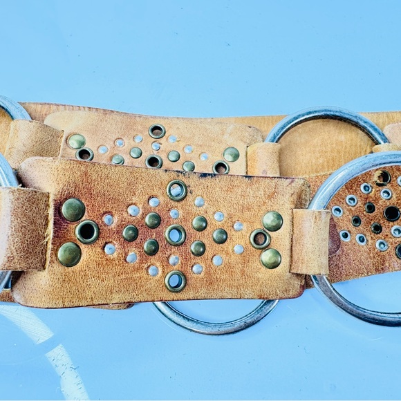 VTG Y2K Leather Hip Belt Sz Medium-Large Brass Studded Brown Hippie Boho Rocker - Picture 4 of 5